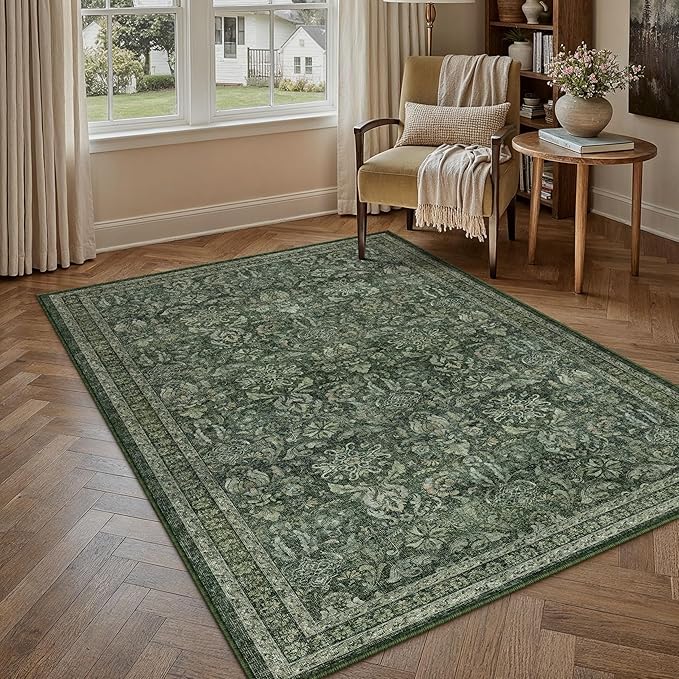 PureCozy Dark Green 3x5 Area Rug Washable Entryway Office Vintage Carpet Indoor Non Slip Small Low Plie Thin Bedroom Kitchen Rug Retro Accent Throw Living Dining Room Bathroom