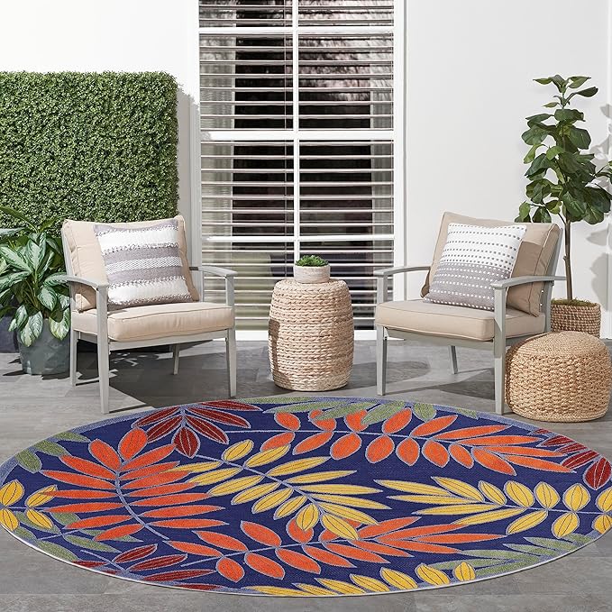 Nourison Home Aloha Navy Multicolor 5'3" x Round Area Rug - Easy Clean, Non Shedding, Bed Room, Living Room, Dining Room, Kitchen (5' x Round)