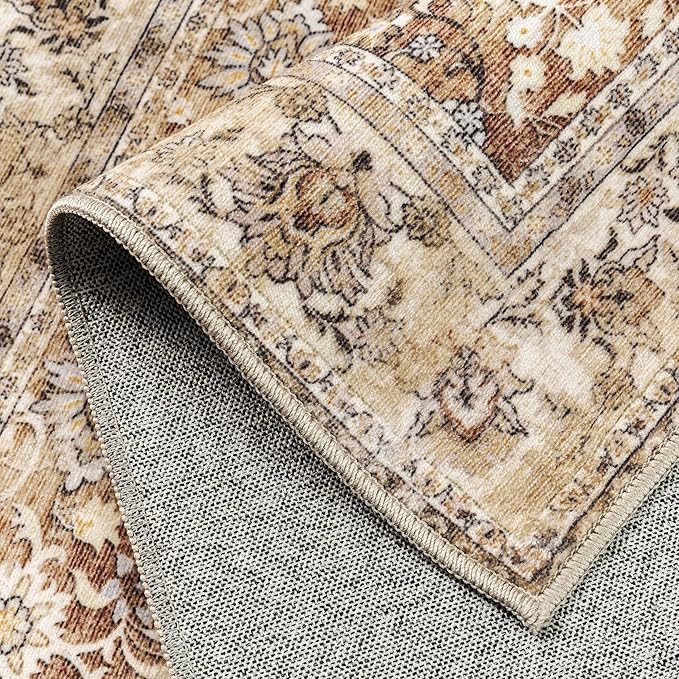 HUGEAR 2x3 Small Rug Machine Washable Area Rug Brown Beige Entryway Rugs Entrance Door Mat Indoor Floral Low Pile Carpet Distressed Throw Rugs Kitchen Bedroom Office Non Slip