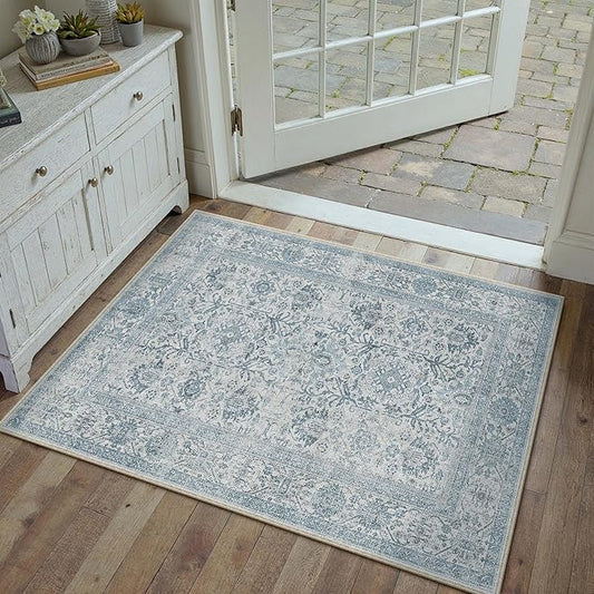 PureCozy Blue Area Rug 2x3 Entryway Washable Soft Carpet Vintage Non Slip Indoor Kitchen Entrance Door Mat Traditional Retro Distressed Small Thicker Throw Rug Bathroom Laundry Bedroom