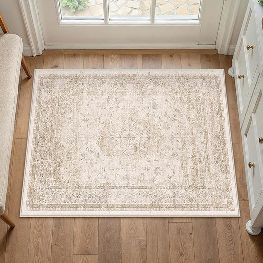 PureCozy Entryway Area Rug 2x3 Beige Vintage Distressed Indoor Carpet Oriental Soft Thin Small Door Mat Non Slip Low Pile Throw Rug for Entrance Bathroom Bedroom Kitchen Laundry