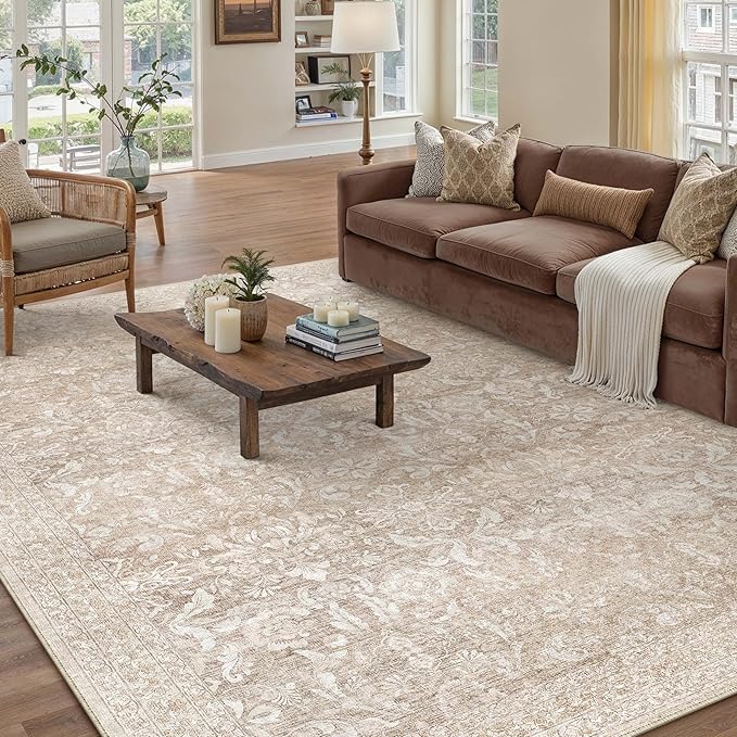 PureCozy 6x9 Area Rug Washable Beige Vintage Living Room Bedroom Carpet Indoor Large Non Slip Soft Low Pile Thin Rug Retro Accent Throw Office Dining Room