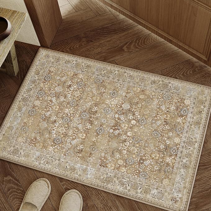 HUGEAR 2x3 Small Rug Machine Washable Area Rug Brown Beige Entryway Rugs Entrance Door Mat Indoor Floral Low Pile Carpet Distressed Throw Rugs Kitchen Bedroom Office Non Slip
