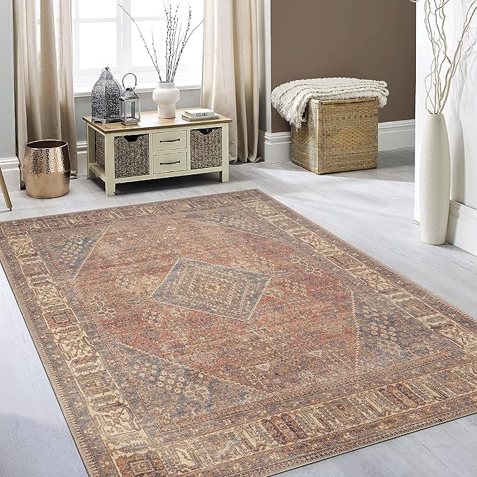 RugOver Machine Washable Area Rug, Pet-Friendly and Non-Slip Indoor Carpet for Kitchen, Bathroom, Living Room, Home Floor Decoration(Clay/Prussian, 3' x 5')
