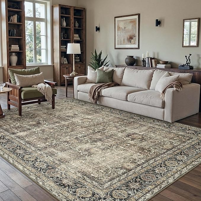 PureCozy Vintage Area Rug 5x8 Brown Washable Living Room Large Carpet Non Slip Bedroom Indoor Office Low Pile Traditional Distressed Retro Accent Rug for Dining Room Bathroom Kitchen