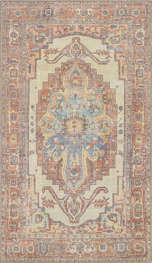 RugOver Machine Washable Area Rug, Pet-Friendly and Non-Slip Indoor Carpet for Kitchen, Bathroom, Living Room, Home Floor Decoration(Ethnic Style Color, 3' x 5')