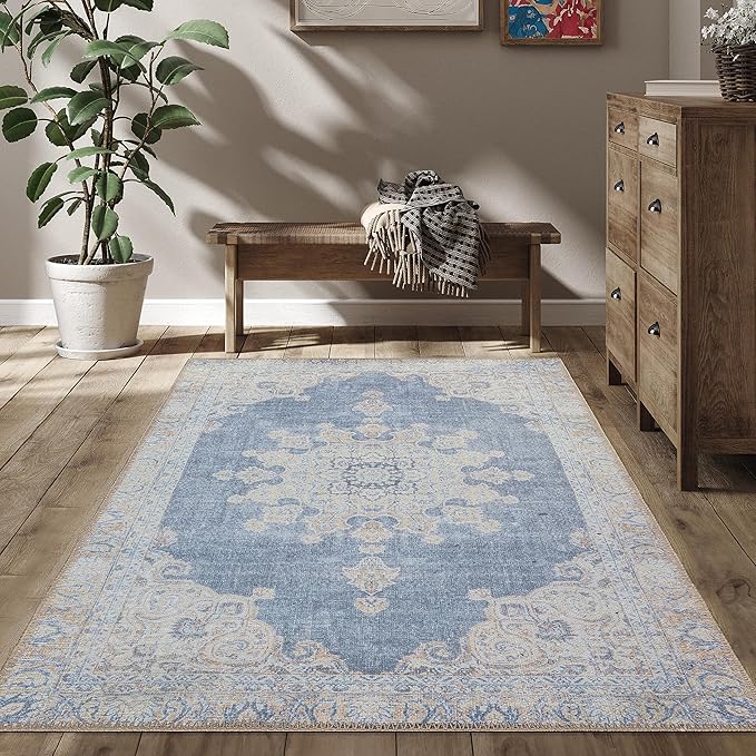 RugOver Machine Washable Area Rug, Pet-Friendly and Non-Slip Indoor Carpet for Kitchen, Bathroom, Living Room, Home Floor Decoration(Blue Jean/Peanut, 3' x 5')