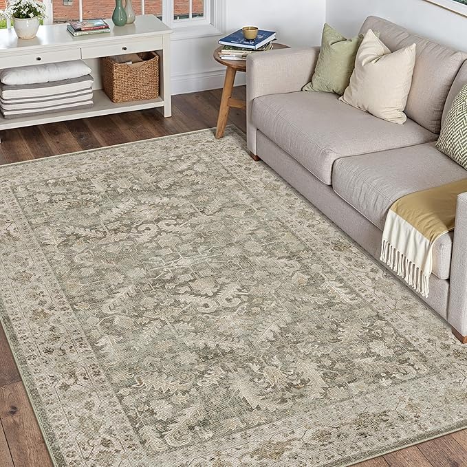 PureCozy Brown 4x6 Entryway Rug Vintage Area Carpet Indoor Office Washable Door Mat Entrance Small Low Pile Traditional Distressed Retro Accent Throw Rug Non Slip Kitchen Bathroom