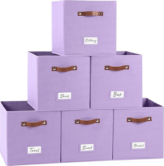 13 Inch Cube Storage Bin Fabric Basket with Handles and Labels, Cube Storage Organizer for Closet, Bedroom, Living Room (Purple,6 Pack)