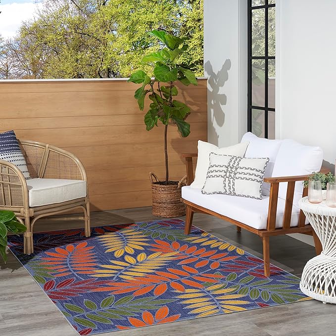 Nourison Home Aloha Navy Multicolor 5'3" x 7'5" Area Rug - Easy Clean, Non Shedding, Bed Room, Living Room, Dining Room, Kitchen (5' x 8')