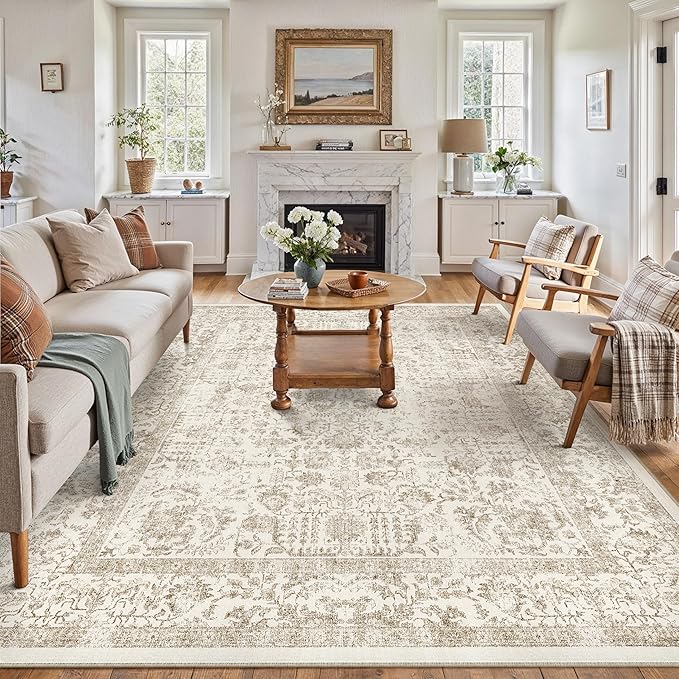 PureCozy Light Brown Area Rug 5x7 Machine Washable Vintage Living Room Distressed Non Slip Carpet Traditional Indoor Bedroom Retro Floral Accent Throw Large Rug Office Kitchen Bathroom Dining Room