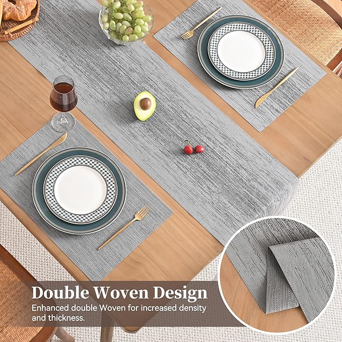 Leetaltree Grey Table Runner and Placemats Set of 7, Heat Resistant Non-Slip Place mats for Dining Table, Washable Durable PVC Vinyl Woven Table Mats Set