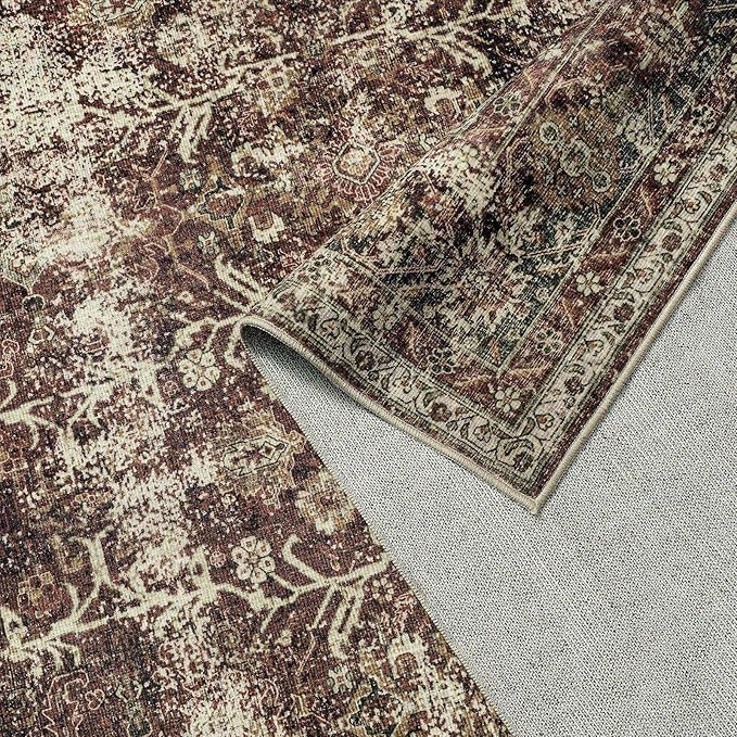 PureCozy Vintage Area Rug 5x7 Rust Red Washable Living Room Large Carpet Non Slip Bedroom Indoor Office Low Pile Traditional Distressed Retro Accent Rug for Dining Room Bathroom Kitchen