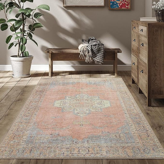 RugOver Machine Washable Area Rug, Pet-Friendly and Non-Slip Indoor Carpet for Kitchen, Bathroom, Living Room, Home Floor Decoration(Coral/Ice, 3' x 5')