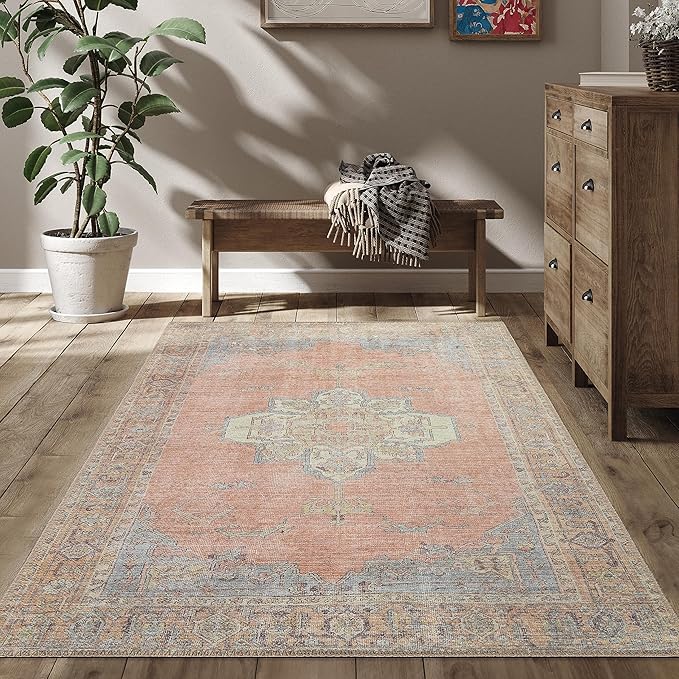 RugOver Machine Washable Area Rug, Pet-Friendly and Non-Slip Indoor Carpet for Kitchen, Bathroom, Living Room, Home Floor Decoration(Coral/Ice, 5'1" x 7'5")