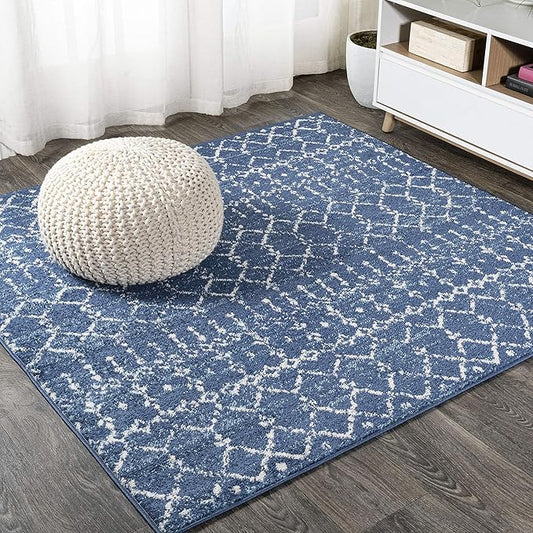 JONATHAN Y Boho Vintage Diamond Blue/White Square Area Rug 5X5 ft, Moroccan Hype for Living Room, Bedroom, Kitchen, Office, Easy-Cleaning, High Traffic, Pet-Friendly, Non-Shedding (MOH101A-5SQ)
