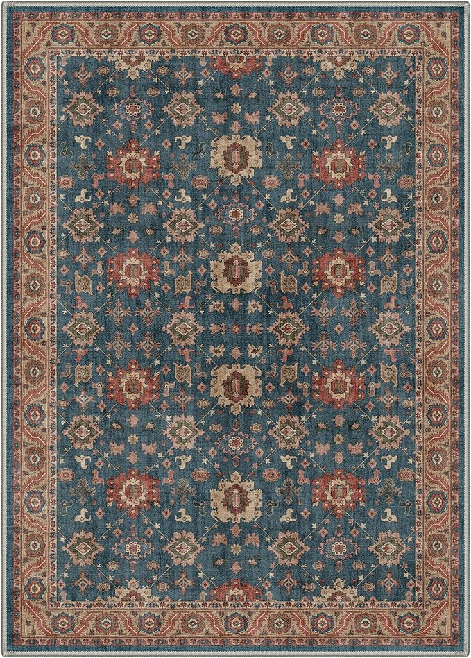 Bavni 5x7 Area Rugs for Living Room, Machine Washable Rug Stain Resistant Non Slip, Vintage Boho Low Pile Thin Soft Floor Decor, Indigo Blue Throw Accent Carpet for Bedroom, Dining Room, Home Office