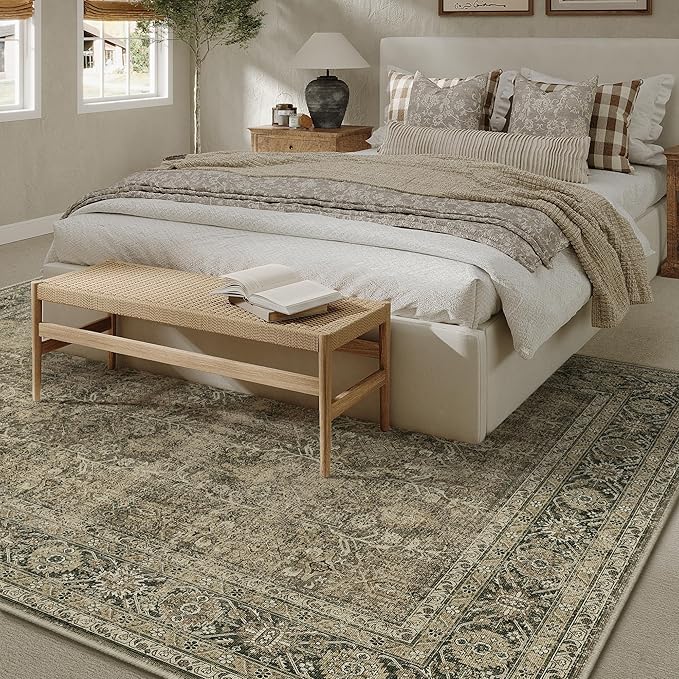 PureCozy Light Brown Area Rug 6x9 Vintage Washable Indoor Door Mat Living Room Carpet Tribal Distressed Retro Accent Throw Rug for Office Dining Room Bathroom Faux Wool