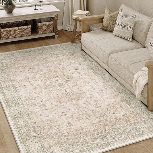 PureCozy 4x6 Washable Area Rug Beige Vintage Distressed Rug for Office Oriental Soft Thin Indoor Retro Carpet Non Slip Low Pile Floor Cover for Living Ding Room Bedroom Laundry