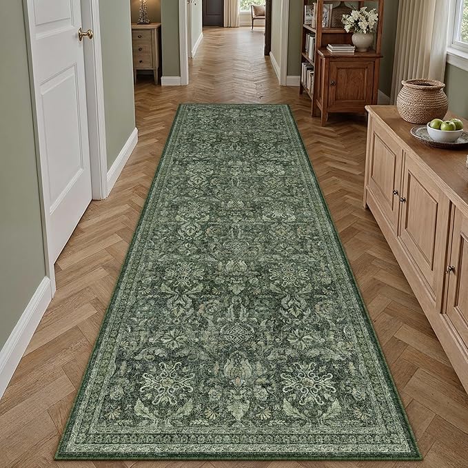 PureCozy Dark Green 2x8 Runner Rug Washable Hallway Kitchen Vintage Carpet Indoor Non Slip Small Low Plie Thin Bedroom Bathroom Rug Retro Accent Throw Dining Living Room