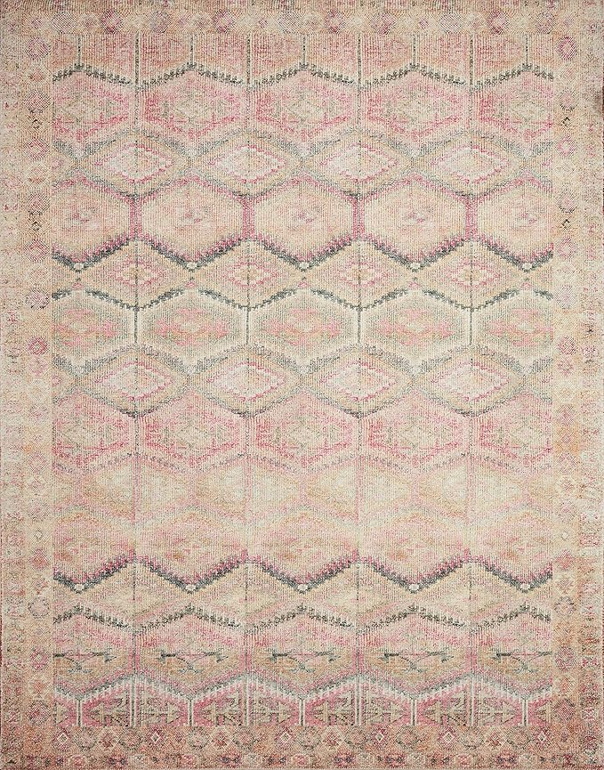 Loloi Layla Collection LAY-17 Pink/Lagoon 2'-0" x 5'-0" .13" Thick Accent Rug, Soft, Durable, Vintage Inspired, Distressed, Low Pile, Non-Shedding, Easy Clean, Printed, Living Room Rug