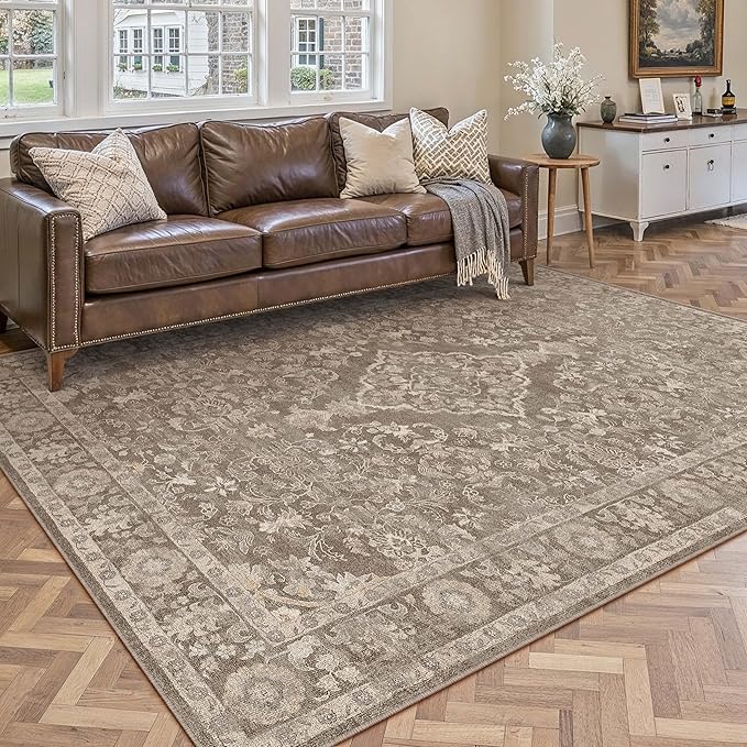 PureCozy 5x7 Area Rug Brown Washable Living Room Bedroom Carpet Vintage Distressed Non Slip Low Pile Thin Dining Room Office Medallion Accent Throw Rug