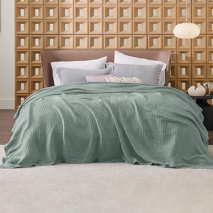 Bedsure Gentlesoft 100% Cotton Blanket King Size for Bed - Breathable and Soft, Thick Cozy Waffle Weave Christmas Blanket Gift for Women, Sage Green, 104x90 inches