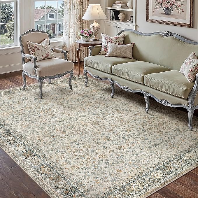 PureCozy Beige Area Rug 6x9 Living Room Machine Washable Vintage Carpet Non Slip Indoor Retro Traditional Accent Throw Large Rug for Office Bedroom Dining Room Playroom