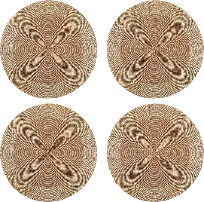 Beaded Placemats for Dining Table Dia 13 inches- Gold Tonal,Wire Beaded Placemats Round for Gathering, Thanksgiving - Occasional Decoration and Family Parties Celebrations.Set of 4