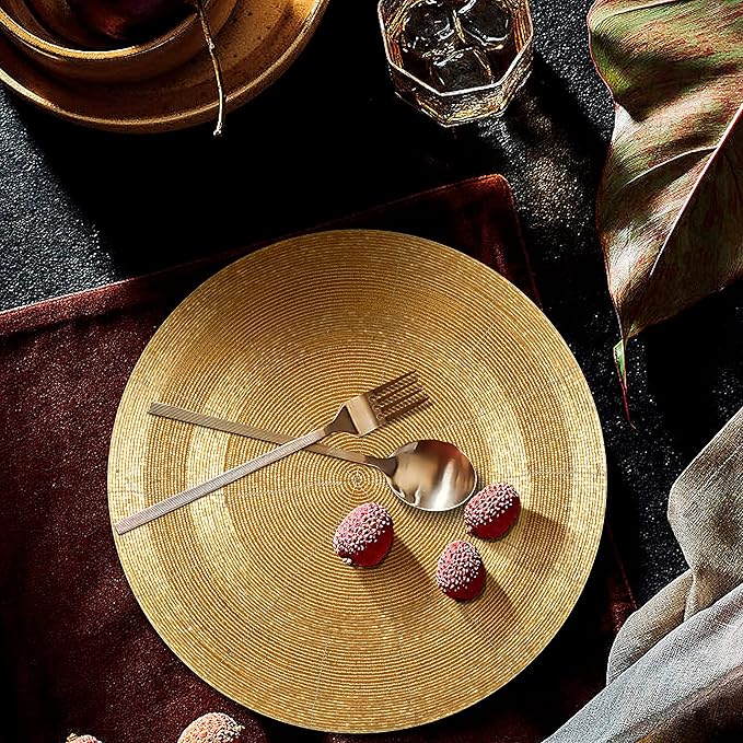 Farmhouse Beaded Placemats – Set of 4, 13" Round Handmade Charger Placemats, Black & Gold Multi, Hand-Beaded by Skilled Artisans, Elegant Table Décor