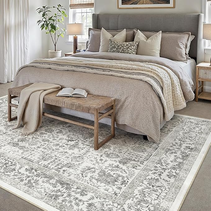 PureCozy Black Area Rug 5x7 Machine Washable Vintage Living Room Distressed Non Slip Carpet Traditional Indoor Bedroom Retro Floral Accent Throw Large Rug Office Kitchen Bathroom Dining Room