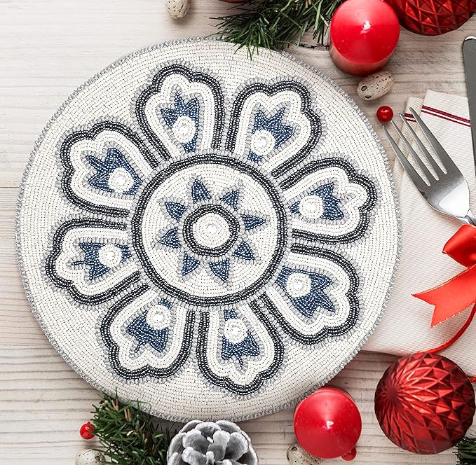 Round White & Grey Silver Beaded Placemats - 13 in Round, Perfect for Dining Table, Ideal for Holidays & Christmas, Glitz Charger Included