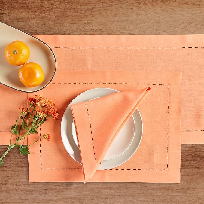 Solino Home Linen Cloth Placemats Set of 4-100% Pure Linen Hemstitch Coral Placemats 14 x 19 Inch - Classic Hemstitch Table Place Mats for Valentines, Spring, Easter