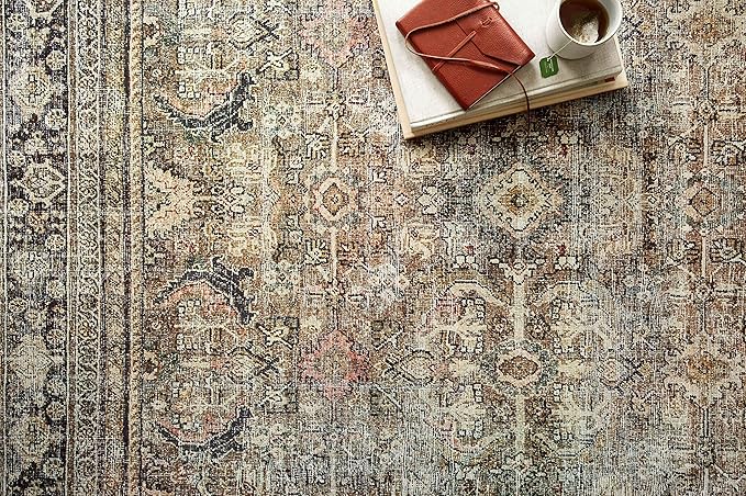 Loloi Layla Collection LAY-03 Olive/Charcoal 5'-0" x 7'-6" .13" Thick Area Rug, Soft, Durable, Vintage Inspired, Distressed, Low Pile, Non-Shedding, Easy Clean, Printed, Living Room Rug