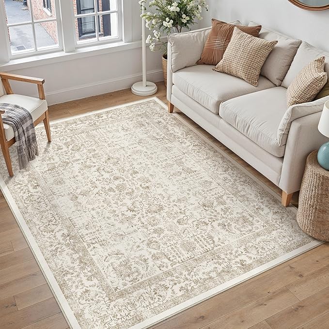 PureCozy Light Brown Area Rug 3x4 Office Entryway Rug Machine Washable Kitchen Vintage Distressed Non Slip Carpet Indoor Retro Floral Accent Throw Door Mat for Bathroom Bedroom Dining Living Room