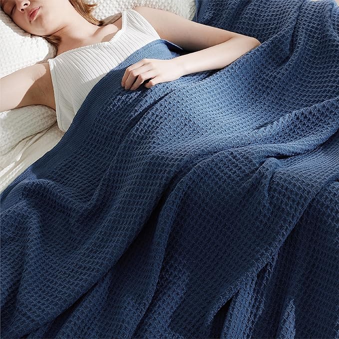 Bedsure Gentlesoft 100% Cotton Blanket King Size for Bed - Breathable and Soft for Spring Summer, Thick Cozy Waffle Weave Blanket Gifts for Women, Navy, 104x90 inches