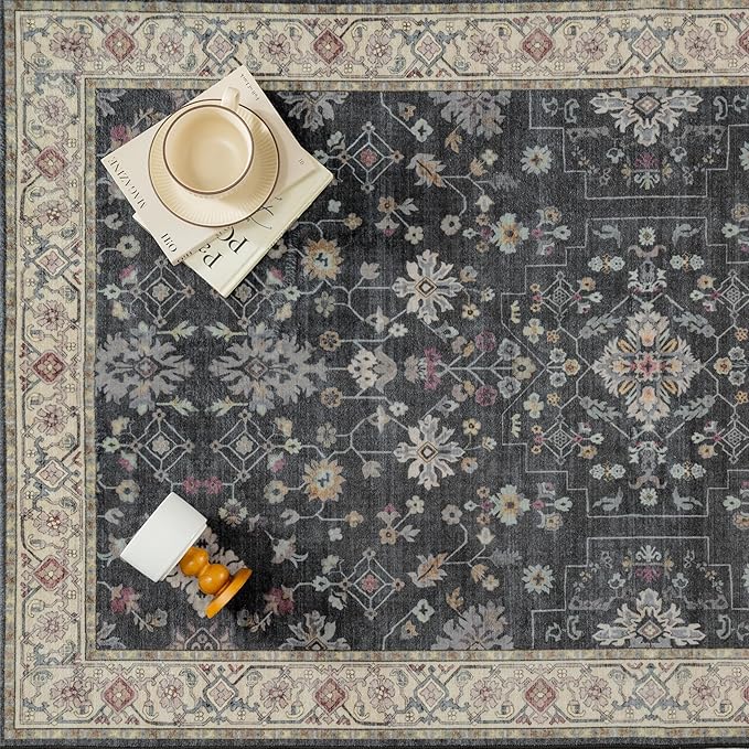 PureCozy Black 6x9 Area Rug Washable Vintage Carpet Living Room Large Indoor Bedroom Non Slip Low Pile Thin Soft Stain Resistant Accent Throw Rug Dining Office Kitchen Table Rug for Under Table
