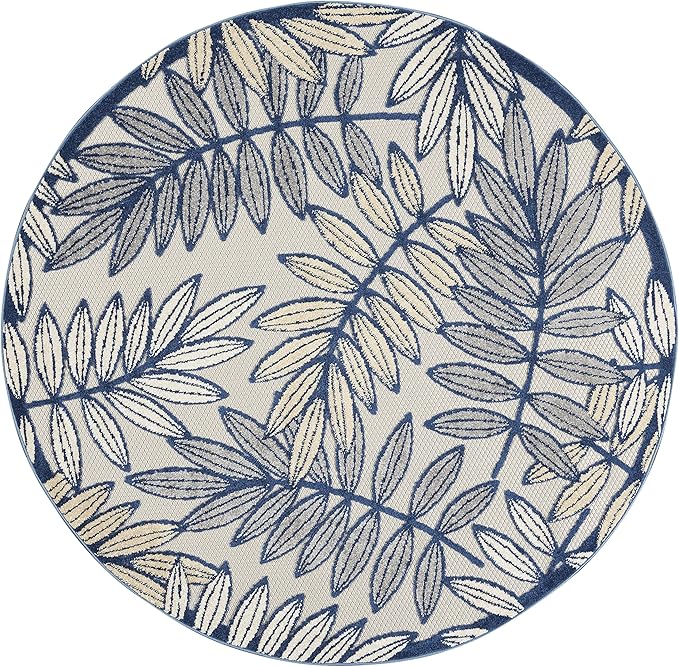 Nourison Home Aloha Ivory Navy 4' x Round Area Rug - Easy Clean, Non Shedding, Bed Room, Living Room, Dining Room, Kitchen (4' x Round)