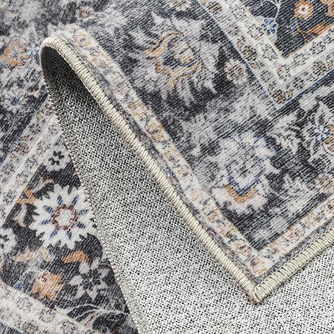 HUGEAR 6x9 Machine Washable Rugs Black Grey Hallway Large Area Rug Indoor Accent Rug Floral Low Pile Carpet Soft Throw Aesthetic Rug Bedroom Living Room Office Dining Room Kitchen Laundry Room