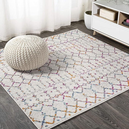 JONATHAN Y Boho Vintage Diamond Ivory/Multi Square Area Rug 5X5 ft, Moroccan Hype for Living Room, Bedroom, Kitchen, Office, Easy-Cleaning, High Traffic, Pet-Friendly, Non-Shedding (MOH101E-5SQ)