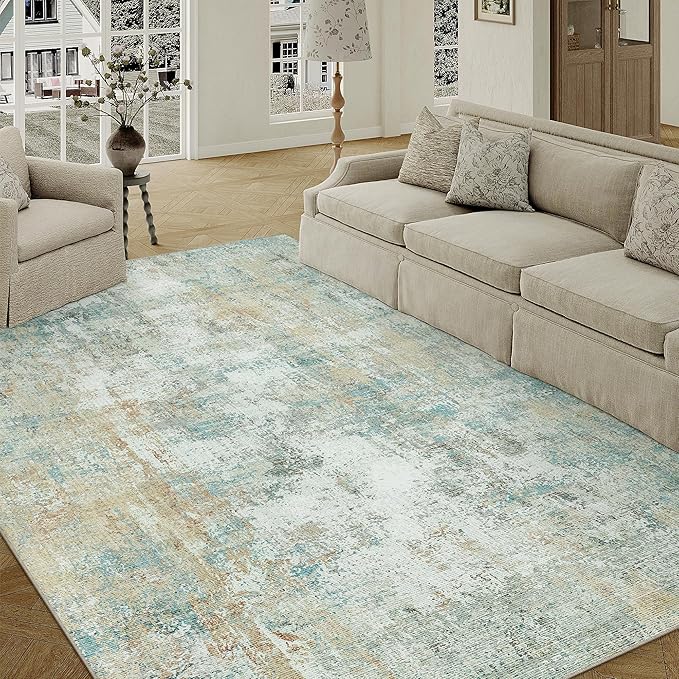 WondRg 5x7 Washable Area Rug Teal Beige Abstract Living Room Bedroom Carpet Neutral Modern Non-Slip Soft Low Pile Lightweight Vacuumable Throw Rug for Dining Room Entryway