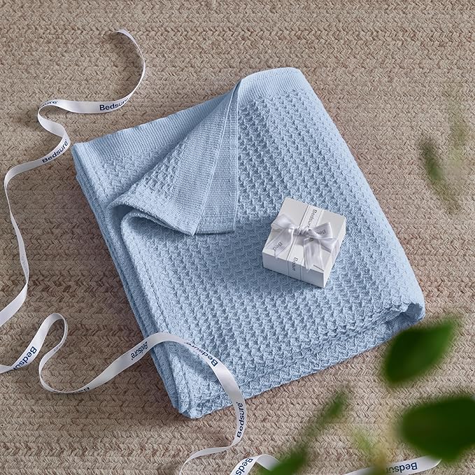 Bedsure Gentlesoft 100% Cotton Large Throw Blanket for Couch 50x70 inches - Breathable and Soft for Spring Summer, Waffle Weave Throw Blanket for Office, Sky Blue