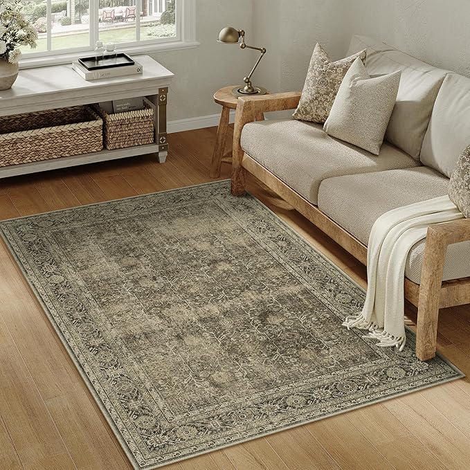 PureCozy Vintage Area Rug 5x7 Light Brown Bedroom Indoor Kitchen Washable Living Room Carpet Tribal Distressed Retro Accent Throw Rug for Office Dining Room Bathroom Faux Wool