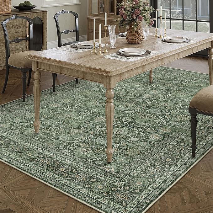 PureCozy Area Rug 5x7 Green Washable Living Room Carpet Soft Non Slip Vintage Bedroom Indoor Office Traditional Retro Distressed Thicker Throw Large Rug for Dining Room Bathroom Kitchen