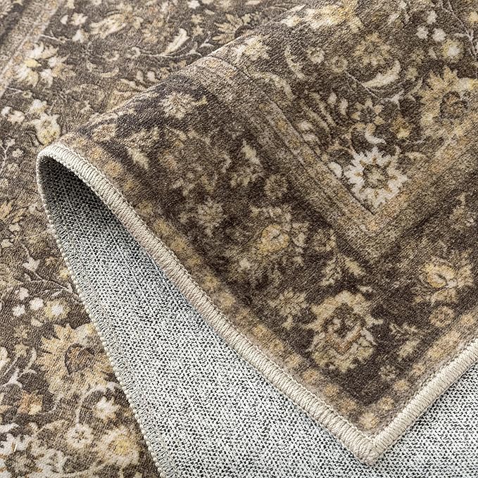 HUGEAR 2x5 Runner Rug Machine Washable Brown Hallway Area Rugs Indoor Accent Rugs Floral Low Pile Carpet Distressed Throw Rug Bedroom Living Room Office Dining Kitchen Laundry Non Slip