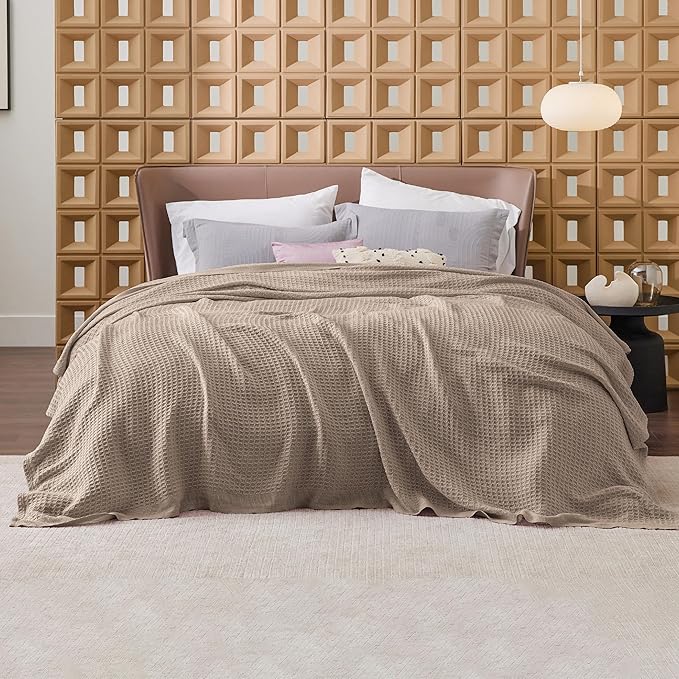 Bedsure Gentlesoft 100% Cotton Blanket King Size for Bed - Breathable and Soft for Spring Summer, Thick Cozy Waffle Weave Blanket Gifts for Women, Light Brown, 104x90 inches