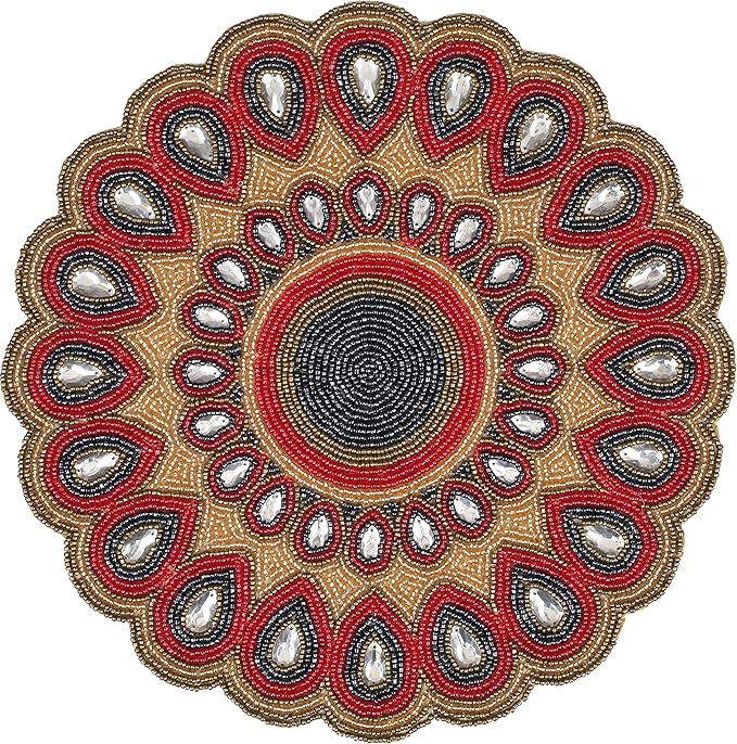 Scalop Floral Beaded Charger & Placemats - 13" Round, Gold, Red, Grey - Holiday & Christmas
