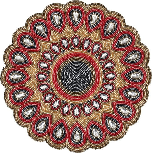 Scalop Floral Beaded Charger & Placemats - 13" Round, Gold, Red, Grey - Holiday & Christmas