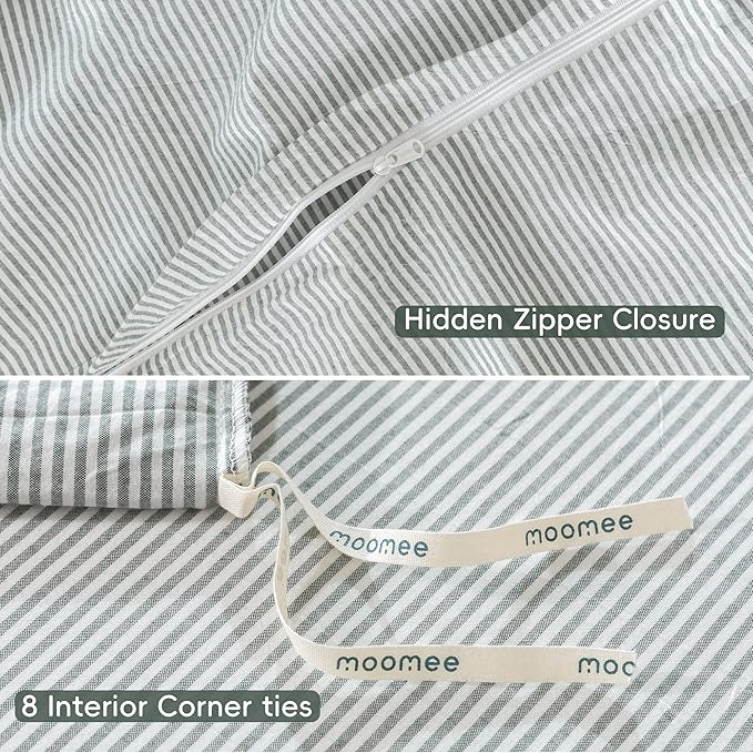 MooMee Striped Duvet Cover Set 100% Washed Cotton Linen Like Textured Breathable Durable Soft Comfy (Heathered Green Pinstripes, Super King 108"x98")