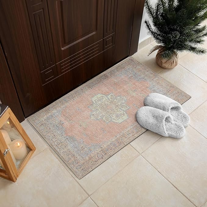 RugOver Machine Washable Area Rug, Pet-Friendly and Non-Slip Indoor Carpet for Kitchen, Bathroom, Living Room, Home Floor Decoration(Coral/Ice, 2' x 3')